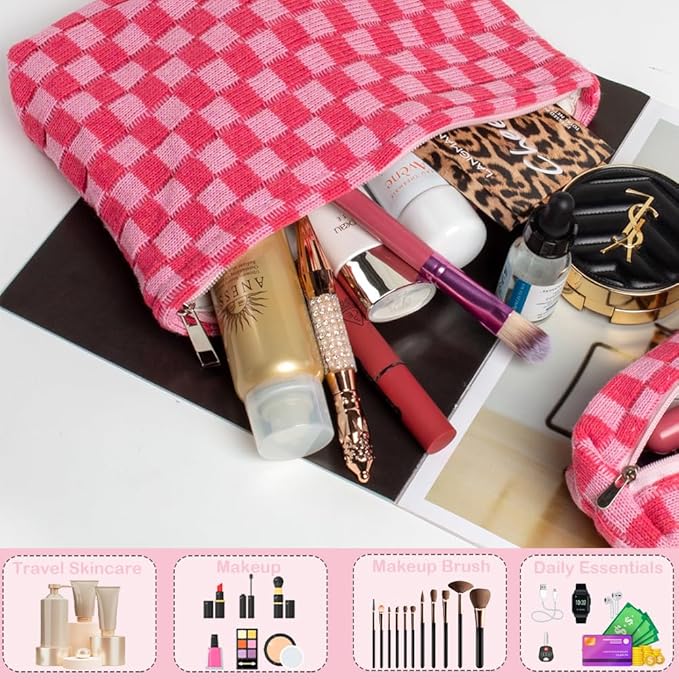 2 Pieces Makeup Bag Set, Small Pink Checkered Cosmetic Bag Travel Toiletry Organizer Mini Cosmetic Pouch Case Makeup Brushes Cute Quilted Aesthetic Accessories Storage Bag for Women