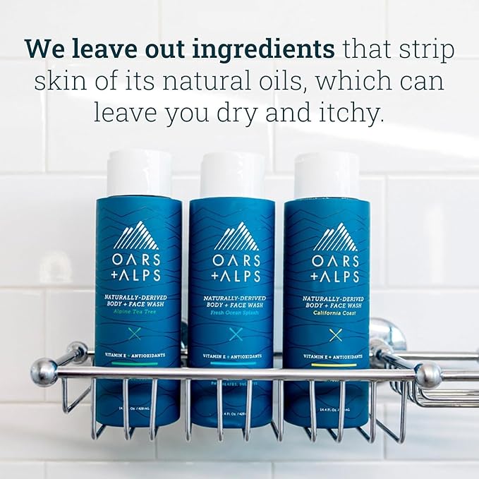 Oars + Alps Mens Moisturizing Body and Face Wash, Skin Care Infused with Vitamin E and Antioxidants, Sulfate Free, Fresh Ocean Splash, Travel Size 3.4oz, 2 Pack
