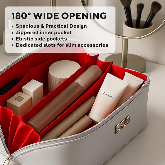 NAORI Travel Makeup Bag for Women | Large Luxury Cosmetic Organizer with Handle & Inner Pockets | Waterproof Leather Toiletry Bag | Makeup Case for Home, Travel & Gifting (Soft Grey)