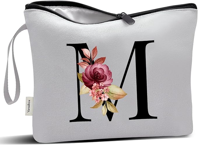 Vavabox A-Z Personalized Makeup Bag, Birthday Gifts for Women Mom, Gifts for Best Friend, Bride Bridesmaid Cosmetic bag (M, Grey)