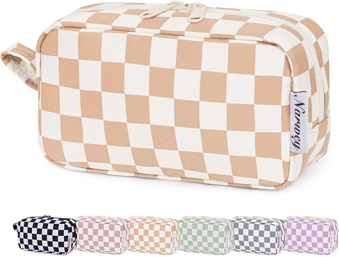 Narwey Small Checkered Makeup Bag for Purse Mini Cosmetic Bag Travel Makeup Pouch Zipper Pouch Cute Make up Bags with Organized Pockets for Women (Light Checkerboard, Small)