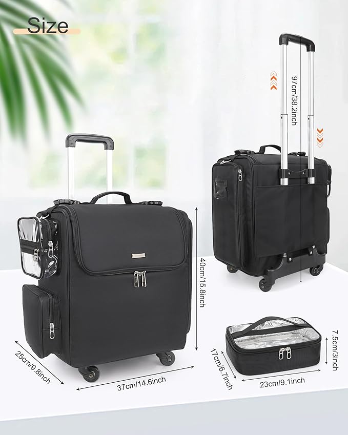 Relavel Rolling Makeup Train Case, Hairstylist Traveling Bag with 4 Wheels, Heat Insulation Full Layer, Adjustable Dividers, Hair Tools and Cosmetics Storage Organizer Trolley Suitcase Makeup Cart