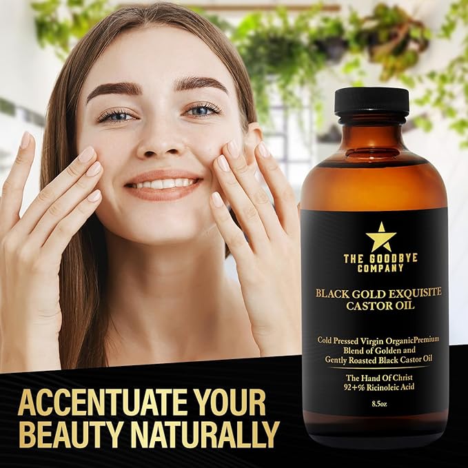 The Goodbye Company Black & Gold Castor Oil Blend – Cold-Pressed & Unrefined – Pure Hexane-Free Oil for Hair, Skin, Body, Eyelashes & Eyebrows