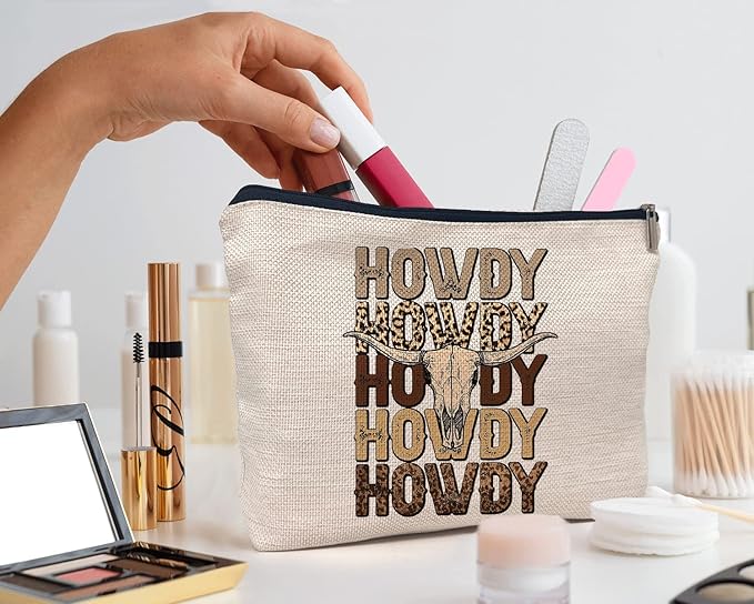 IWXYI Retro Western Leopard Cow Skull Howdy Decor Makeup Bag,Vintage Western Cowboy Howdy Women'S Make up Bag Zipper Pouch Travel Toiletry Gifts For Women Teenage Girls Girl