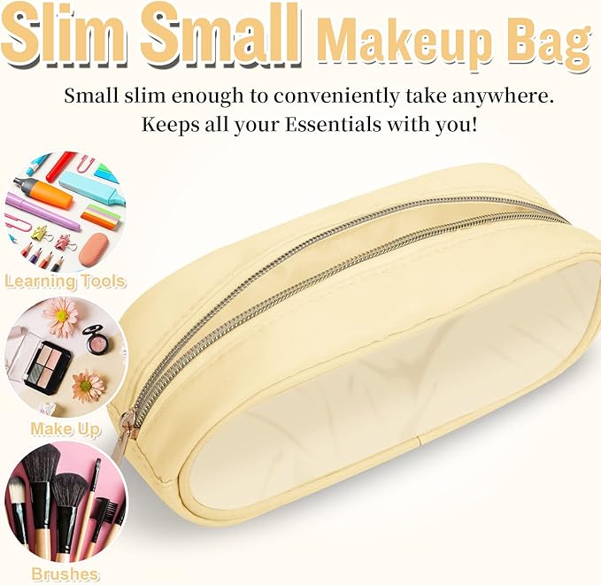 Nylon Slim Makeup Bag, Cute Preppy Cosmetic Zipper Pouch, Travel Toiletry Bag Clutch Coin Pouch for Women Girls (Beige)