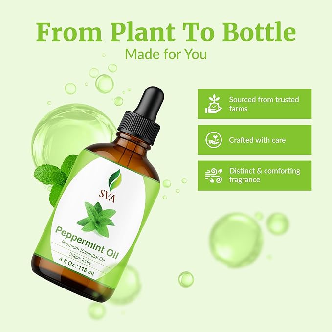 SVA Peppermint Essential Oil – 4 Fl Oz – 100% Natural Peppermint Oil - for Diffuser, Hair Care, Face, Skin Care, Aromatherapy, Scalp and Body Massage, Soap and Candle Making - with Dropper
