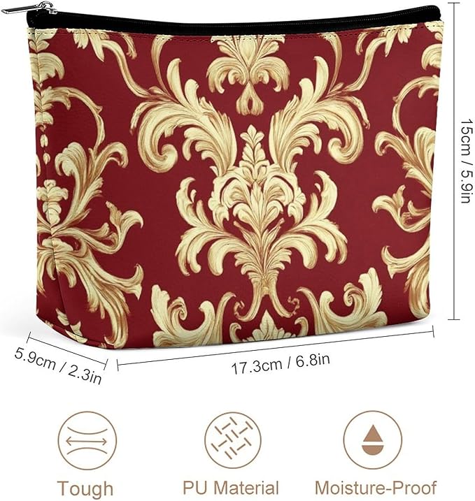 Fashion Zipper Cosmetic Case, Portable Makeup Case, Personality Toiletry Bag, Travel Cosmetic Toiletry Bag Flower Red Gold Floral Classy Burgundy Antique