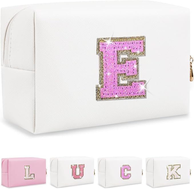 Personalized Initial Letter Makeup Bag, Preppy Glitter Letter Patch Cosmetic Pouch Zipper,PU Waterproof Travel Toiletry Bag Cute Makeup Organizer Monogrammed Make Up Bag,Gift for Women Girls