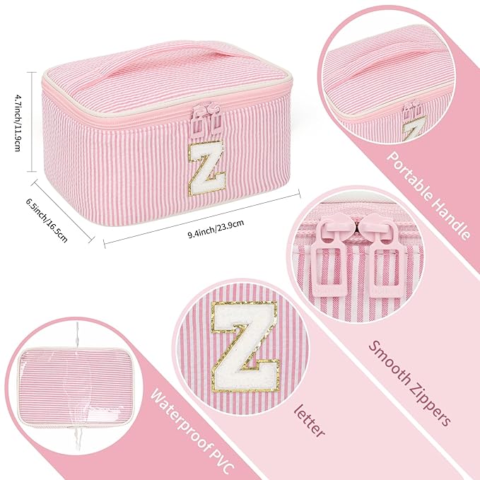 OCHEAL Makeup Bag for Women, Monogram Cosmetic Bag with Brush Holder, Pink Travel Makeup Case Beauty Toiletry Bag Organizer Personalized Gifts for Girls Bridesmaid, Sister, Wife, Friends Initial Z