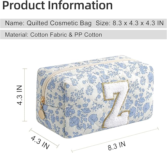 Gleyemor Personalized Initial Makeup Bag for Women, Cute Quilted Blue Floral Cotton Cosmetic Bag, Christmas Gifts for Her Mom Friend Sister Bridesmaid Teacher Women Z
