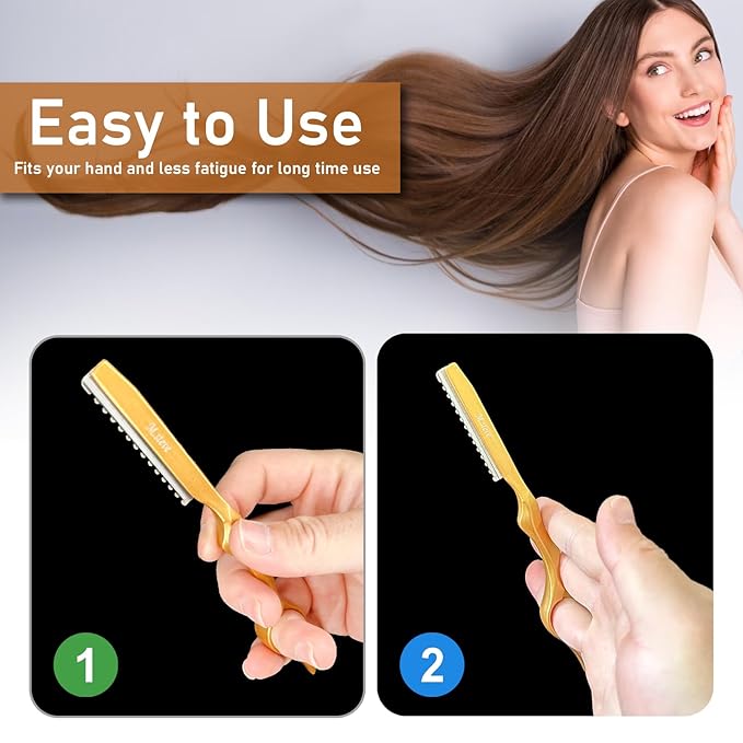 Hair Razors For Cutting Hair 6.89", Professional Hair Styling Razor with Replacement Stainless Steel Blades for Salon/Home -11PCS Gold