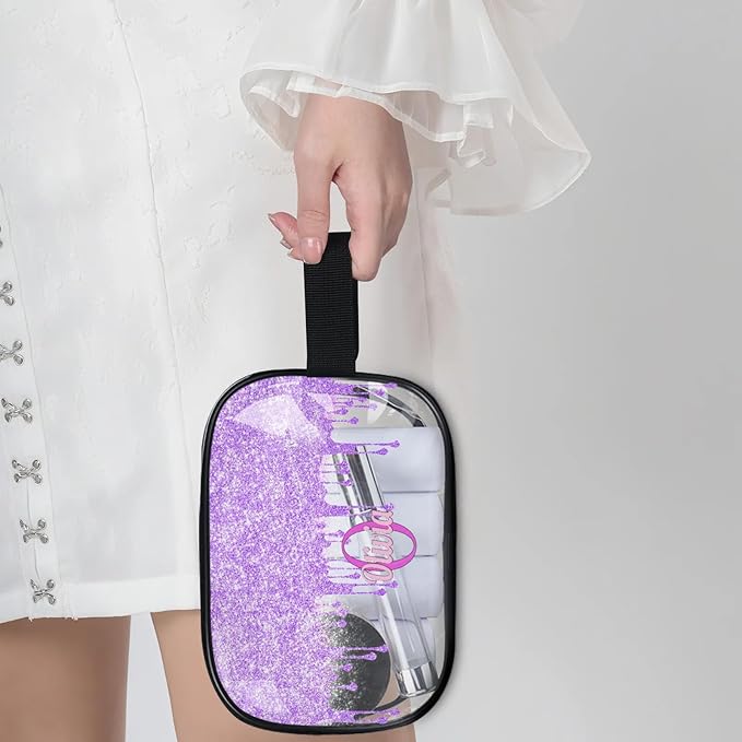 Personalized Travel Cosmetic Bag Waterproof Makeup Bags, Custom Name Clear PVC Organizer Case Toiletries Container Bag, Romantic Purple Curtain Glittering