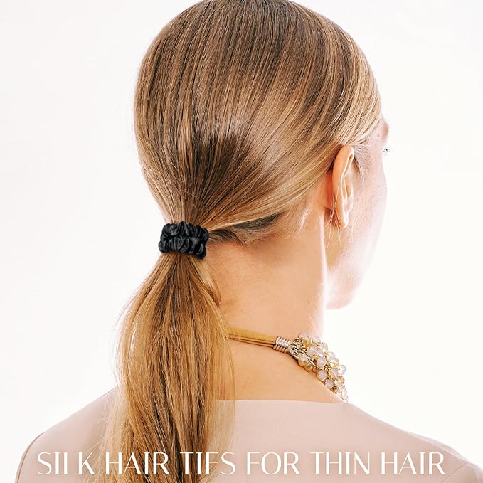 OLESILK Silk Hair Ties for Women: 100% Mulberry Skinny Silk Scrunchies, Soft Smooth No Damage No Crease for Thin Fine Curly Hair 3 Pack, Multi-1