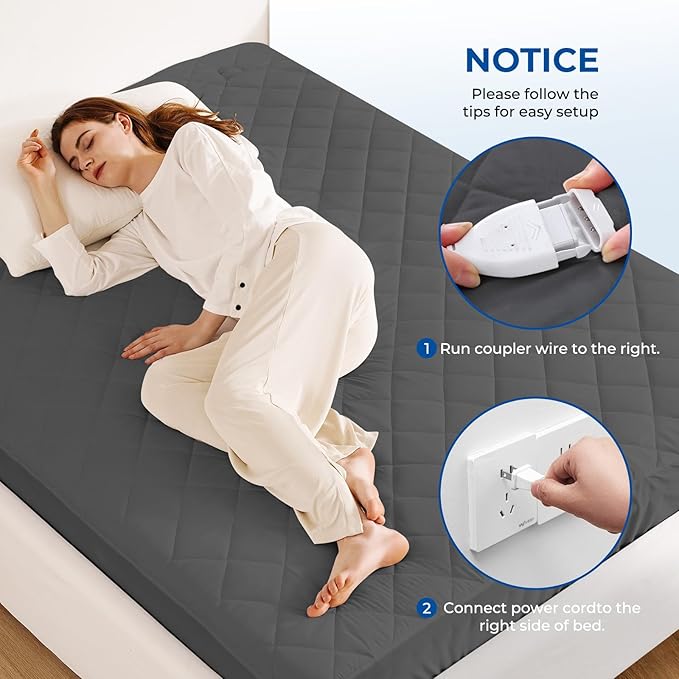 Heated Mattress Pad Queen Size Quilted Zone Heating Electric Bed Warmer Comfort Heat Mattress Pad Cover Dual Controller（10 Heat Setting | 1-12 Hours Auto Shut Off | with 8-21 Inch Deep Pocket） Gray