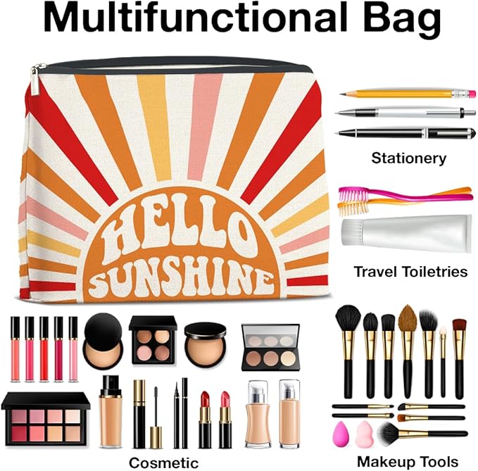 Inspirational Gifts Hello Sunshine Makeup Bag, Positve Gifts for Women, Boho Sunrise Sunshine Zipper Makeup Pouch