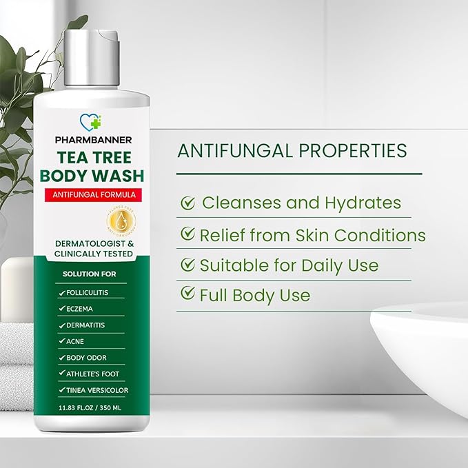 Tea Tree Antifungal Body Wash – Soothes Folliculitis, Acne, Jock Itch, Athlete’s Foot, Ringworm, Tinea Versicolor, Body Odor, Eczema & Dermatitis-Prone Skin