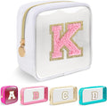 Mini Clear Personalized Initial Makeup Bag,Nylon Preppy A-Z Chenille Letter Patch Zipper Cosmetic Bag, Small Cute Beach Pouch Travel Purse Sanitary Napkin Storage Bag for Women Girls(White-Pink K)