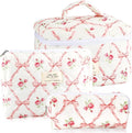 3Pcs Makeup Bag Quilted Cosmetic Bag Set Bow Travel Large Makeup Pouch for Women Cute Portable Cotton Toiletry Bag Skincare Organizer Coquette Vintage Travel Essential