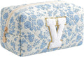 Gleyemor Personalized Initial Makeup Bag for Women, Cute Quilted Blue Floral Cotton Cosmetic Bag, Christmas Gifts for Her Mom Friend Sister Bridesmaid Teacher Women V