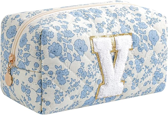 Gleyemor Personalized Initial Makeup Bag for Women, Cute Quilted Blue Floral Cotton Cosmetic Bag, Christmas Gifts for Her Mom Friend Sister Bridesmaid Teacher Women V