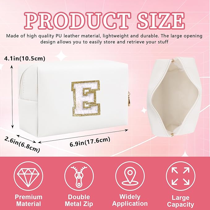 Personalized Initial Letter Patch Makeup Bag, Preppy Portable Chenille Letter Cosmetic Bag with Zipper, PU Leather Waterproof Travel Toiletry Bag Monogram Make Up Pouch for Women Girls(Letter E)