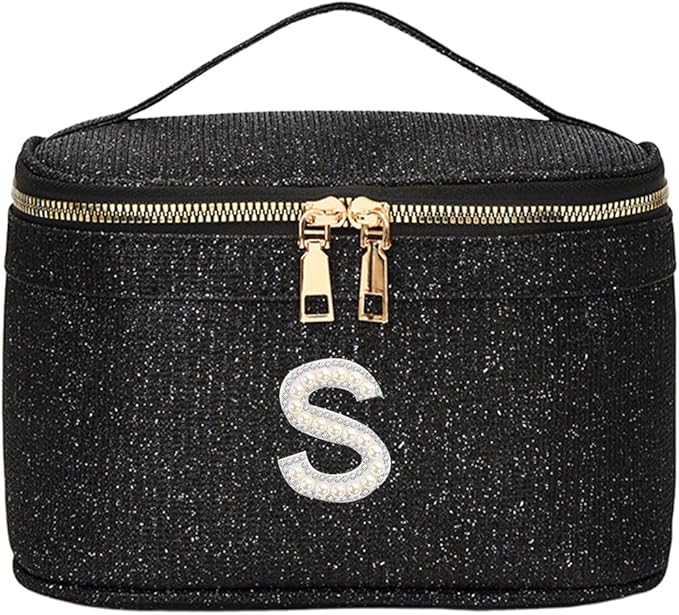 EURYNOME Makeup Bag with Custom Letter S, Water-Resistant Travel Organizer Pouch, (8.3x5.1x5.1 Inch) Cosmetic Case for Women