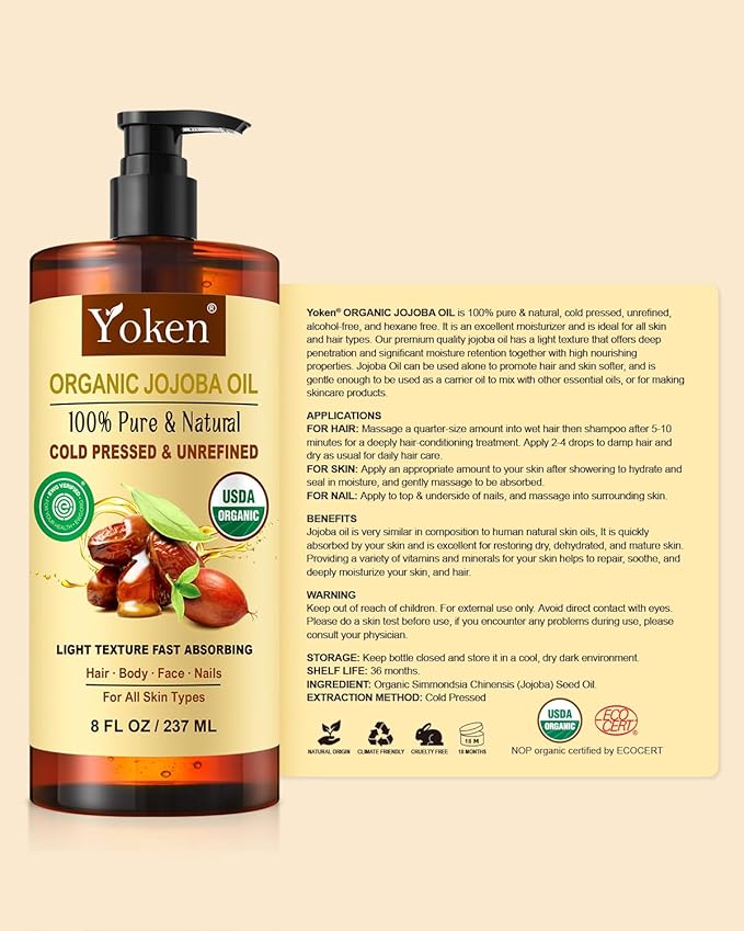 USDA Organic Jojoba Oil Cold Pressed 8 fl oz, 100% Pure & Natural Unrefined Jojoba Oil for Face Hair & Skin Massage, Hexane Free, Deeply Moisturizing Body Carrier oils Multi-Purpose Serum