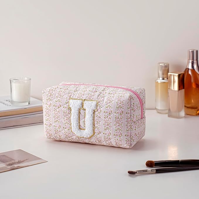JOVAKIT Alphabet Makeup Bag Cosmetic Bag for Women, Christmas Gifts for Girls Age 6-18, Floral Flowers Coquette Travel Toiletry Zipper Make Up Pouch Organizer Trendy Stuff (Pink Floral U)