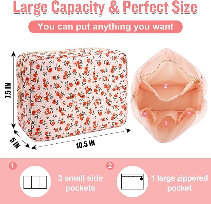 Nylon Large Floral Makeup Organizer Bag, Preppy Big Cute Flower Cosmetic Zipper Pouch Multi-compartment with Dividers, Waterproof Toiletry Make Up Brushes Bag Travel Essentials for Women(Pink-Floral)