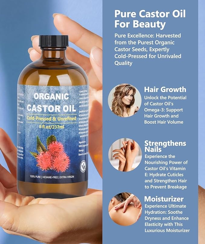 Organic Castor Oil for Face Roll On，Rollerball Deep Hydration for Skin Care and Hair, Castor Oil Organic Cold Pressed Unrefined Glass Bottle 8oz with 2 Roller