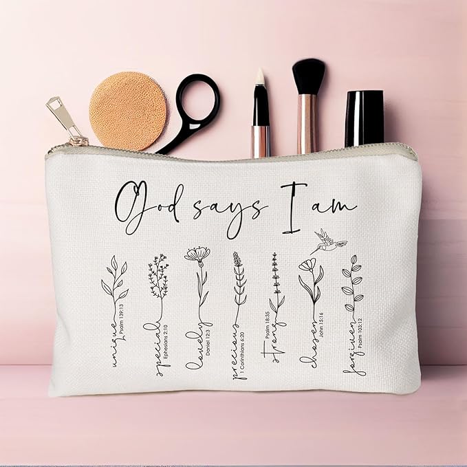 God Says You Are Cosmetic Bag, Christian Makeup Bag Bible Verse Floral Bible Verse Makeup Case for Women, Inspirational Cosmetic Bag, Sister Gifts, Affirmations Gifts (God says I am ...)