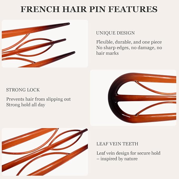 Sunolga 6PCS French Hair Pins for Women, French Pins Hair, Large Hair Styling Pins for Thin Thick Hair, Unique 3 Internal Teeth Hair Sticks Hairpin（Amber）