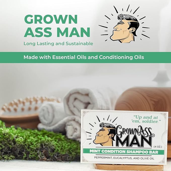 Grown Ass Man Co. - Solid Shampoo Bar Rich Lather 3 in 1: Hair, Beard & Body Wash - Plastic Free & Eco-Friendly, Natural & Organic Clean for All Hair Types, 4oz Bar (Mint Condition, Single)