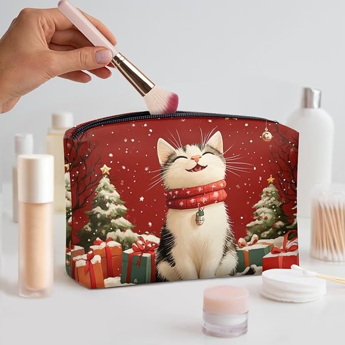 COEQINE Christmas Cat Makeup Bags for Women Travel Leather Make Up Pouch Portable Cosmetic Bag Waterproof Travel Makeup Case Organizer for Womens Birthday Xmas Gifts Toiletry Handbag for Holiday
