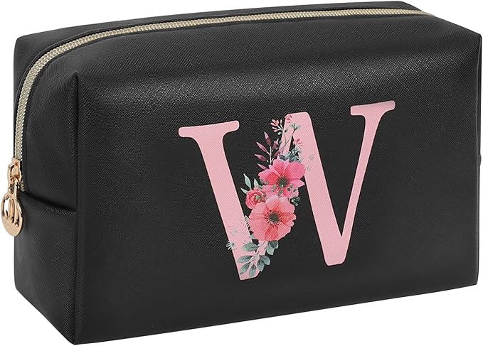 Personalized Initial Makeup Bag, Birthday Gifts for Women and Girls, Small Makeup Pouch Travel Toiletry Bag, Make Up Organizer Bag Gift Trendy Stuff for Friend Mom Teacher, Black