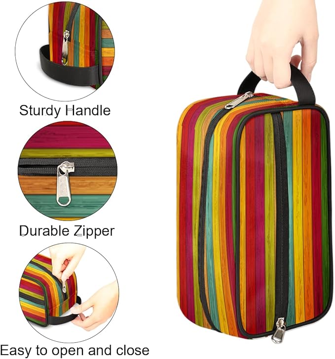 Rainbow Wood Texture Travel Toiletry Bag for Women Men Lightweight Cosmetic Makeup Bag Organizer Waterproof Shaving Bag Dopp Kit with Large Capacity for Toiletries and Shaving Accessories