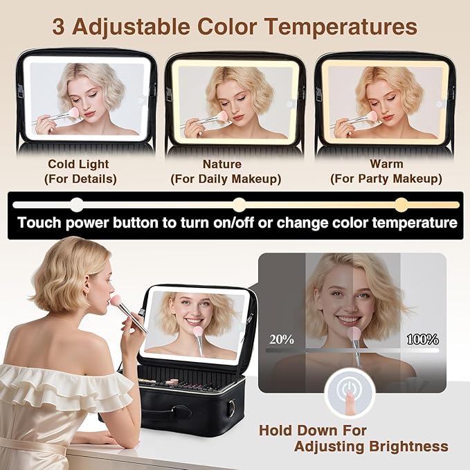 Large Makeup Bag with LED Mirror,Travel Cosmetic Train Case for Makeup Artists,Makeup Organizer Case with Divider Rechargeable Vanity Mirror with 3 Color Lights for Barber,MUA,Nail Tech, Black