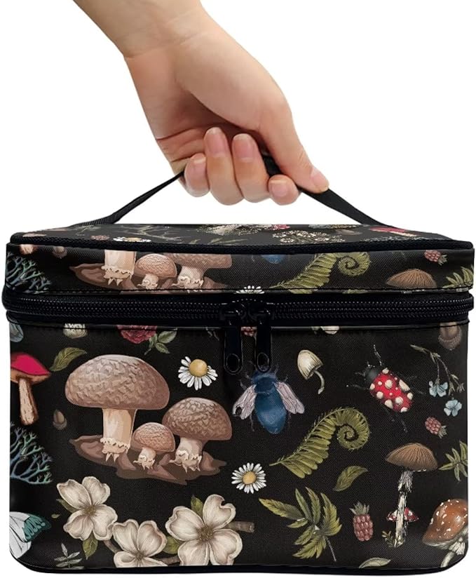 Dark Cottagecore Forest Mystical Moss Mushroom Print Makeup Travel Bag Portable Cosmetic Bags with Handle Travel Accessories Large Toiletry Bags for Traveling Women Organizer and Storage