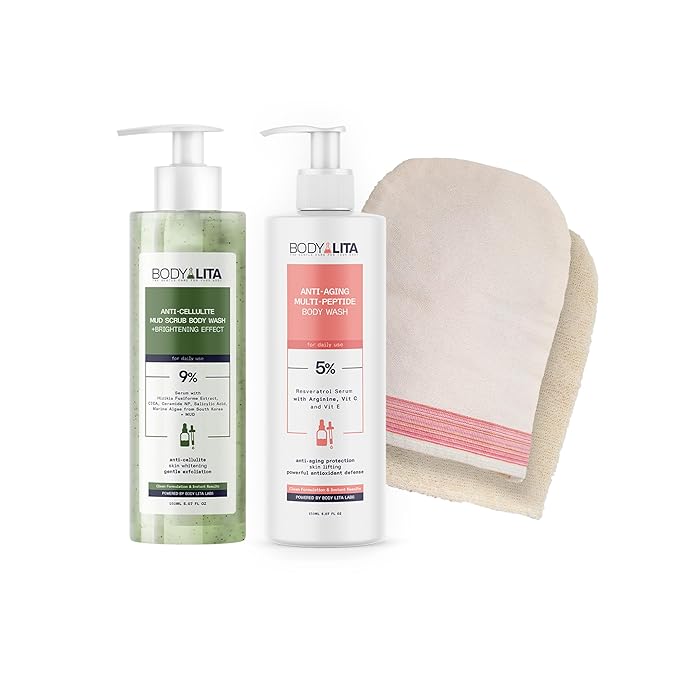 Complete Rejuvenating Shower Routine, Body Renewal Set with Double-Sided Exfoliating Pad, Anti Cellulite Scrub and Multi-Peptide Body Wash, Smooth, Firm, Youthful Skin