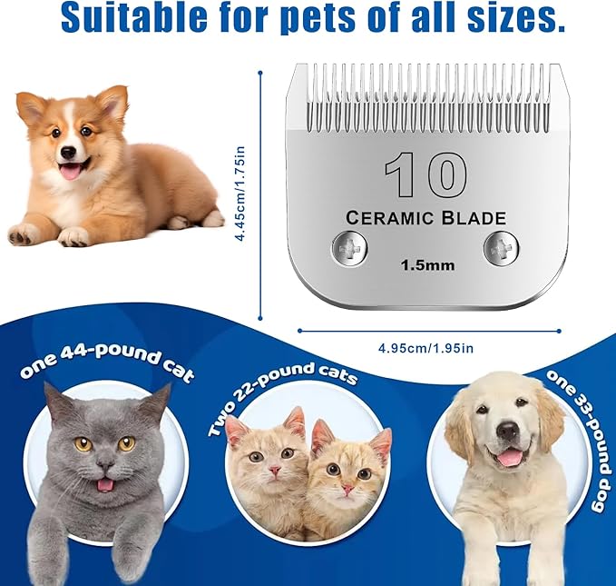 10# Detachable Pet Dog Grooming Clipper Ceramic Blade,Compatible with Andis Size 10 Cut Length 1/16"(1.5mm),Compatible with andis/wahl/Oster Dog Clippers 3PCS