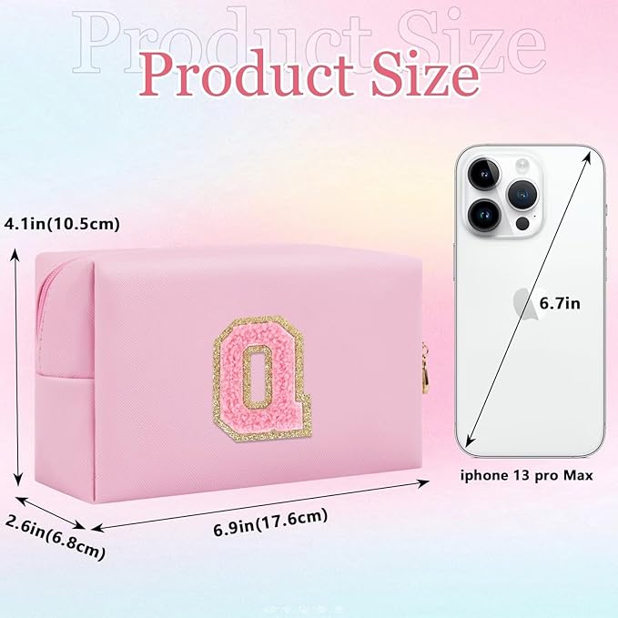 Small Personalized Glitter Initial Letter Makeup Bag, Cute PU Leather Chenille Letters Cosmetic Bag Travel Makeup Pouch, Preppy Travel Organizer Zipper Pouch for Women&Girls（PinkPink-Q）