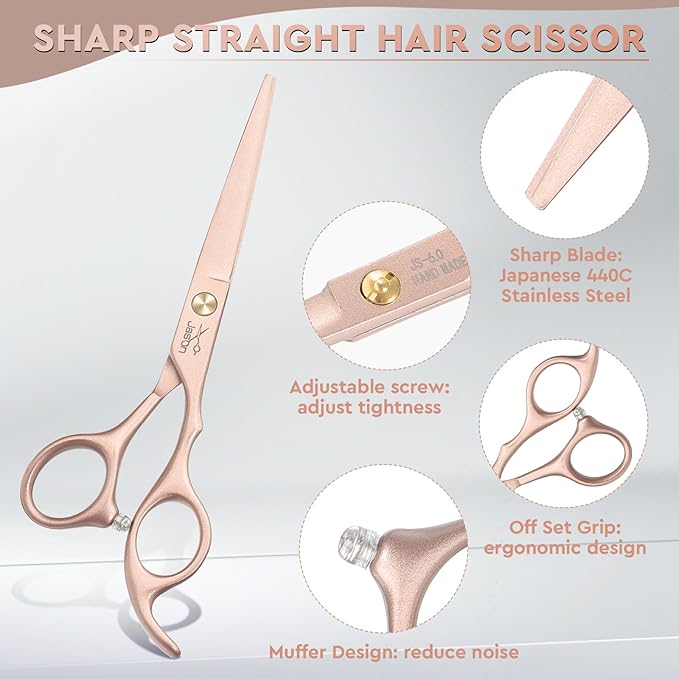JASON Professional 10-Piece Haircut Scissors Set - 6.7" Thinning/Texturizing Scissors, Straight Shears for Men, Women & Home Salon (30 Teeth, Rosegold)