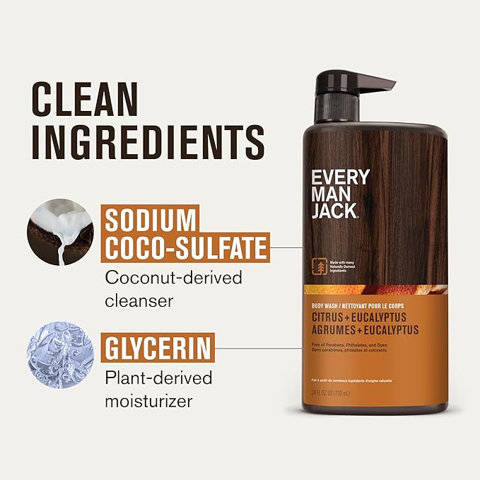 Every Man Jack Nourishing Citrus + Eucalyptus Mens Body Wash for All Skin Types - Naturally Derived Ingredients - Cleanse and Hydrate Skin with Coconut and Glycerin - 24 Fl Oz (2 Pack)