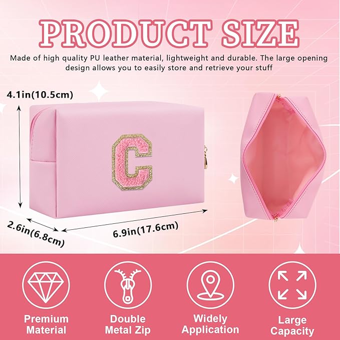 Personalized Initial Letter Patch Makeup Bag, Preppy Small Chenille Cosmetic Bag with Zipper, PU Leather Waterproof Travel Toiletry Bag Monogram Make Up Pouch for Women Girls