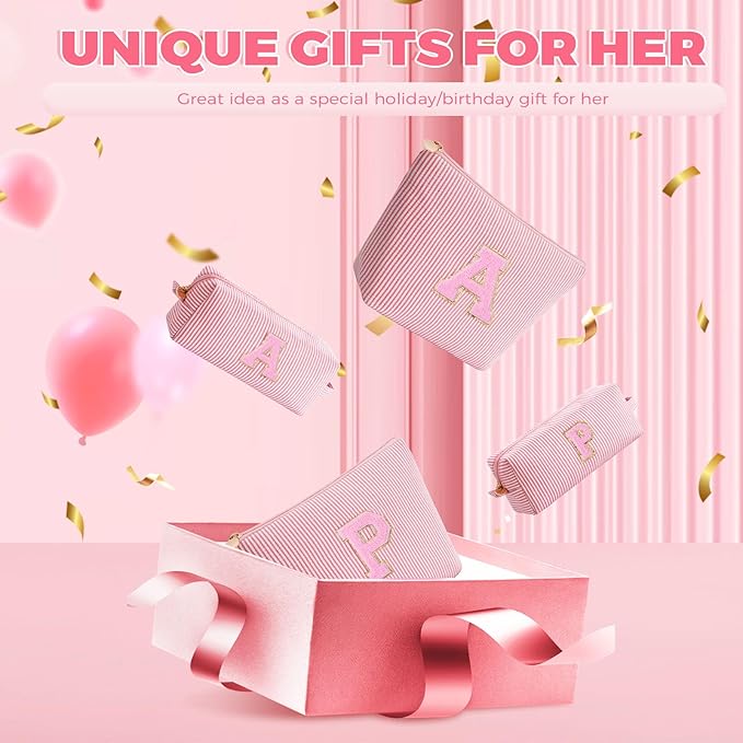 Makeup Bag Set Initials Cosmetic Bag,Gifts for 10 11 12 13 14 15 16 17 18 Years Old Girl Girlfriend Teen Girls Gift Trendy Stuff Personalized Toiletry Bag Travel - Peach,A