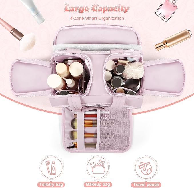Travel Toiletry Bag:  Large Capacity, 4 Compartments, Wet/Dry Separation, Ultra-Soft Lightweight Fabric & Anti-Spill Design for Travel,Gym,Gift(11.8" L) (Soft Pink)