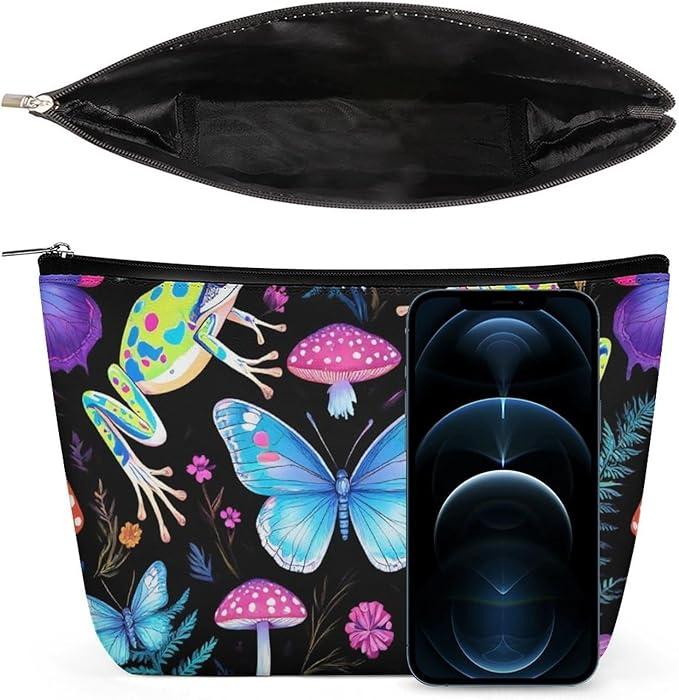 Small Zipper Cosmetic Case, Portable Makeup Case, Toiletry Bag, Travel Cosmetic Toiletry Bag Goth Moon Frogs Moth Butterfly Magical Mushroom Leaves
