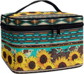 Western Aztec Sunflower Makeup Bag for Women Ladies Classic Cheetah Leopard Pattern Portable Cosmetic Bag with Zipper and Carry Handle Make Up Tote Bags Boho Tribal Toiletry Case Organizer