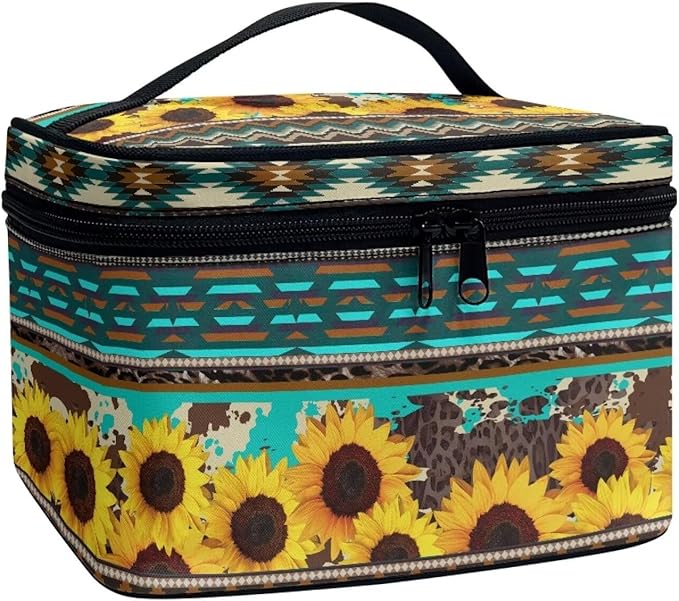 Western Aztec Sunflower Makeup Bag for Women Ladies Classic Cheetah Leopard Pattern Portable Cosmetic Bag with Zipper and Carry Handle Make Up Tote Bags Boho Tribal Toiletry Case Organizer