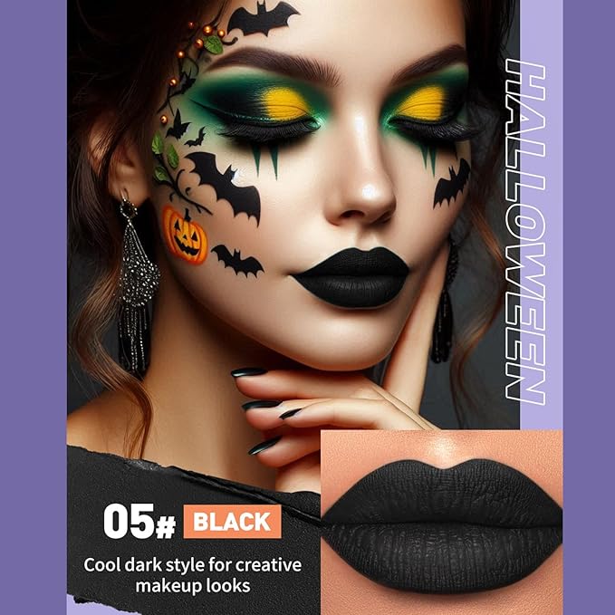 6pcs Matte Liquid Lipstick Makeup Set, Dark Black Green Purple Red Orange White Lip Gloss Kit With Case, Vivid Vampire Velvet Lip Stick for Halloween Cosplay Goth Costume Makeup